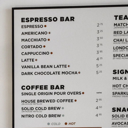 A clear digital menu for a coffee bar