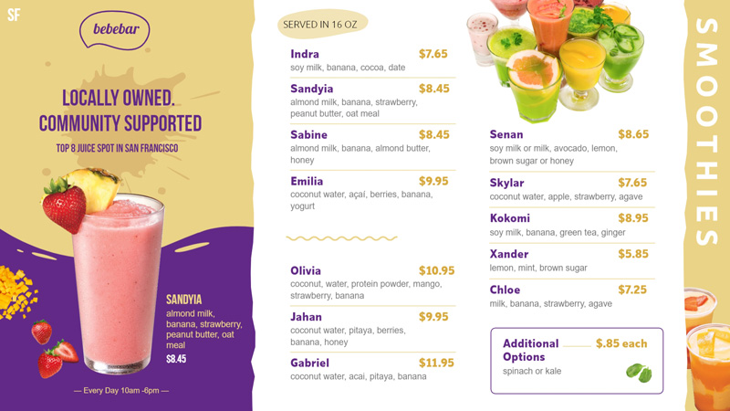 Download free smoothie menu design for restaurant for digital signage.