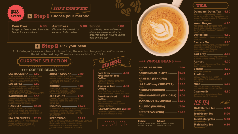 Hot Coffee Menu