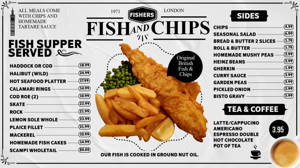 Fish and chip shop menu design