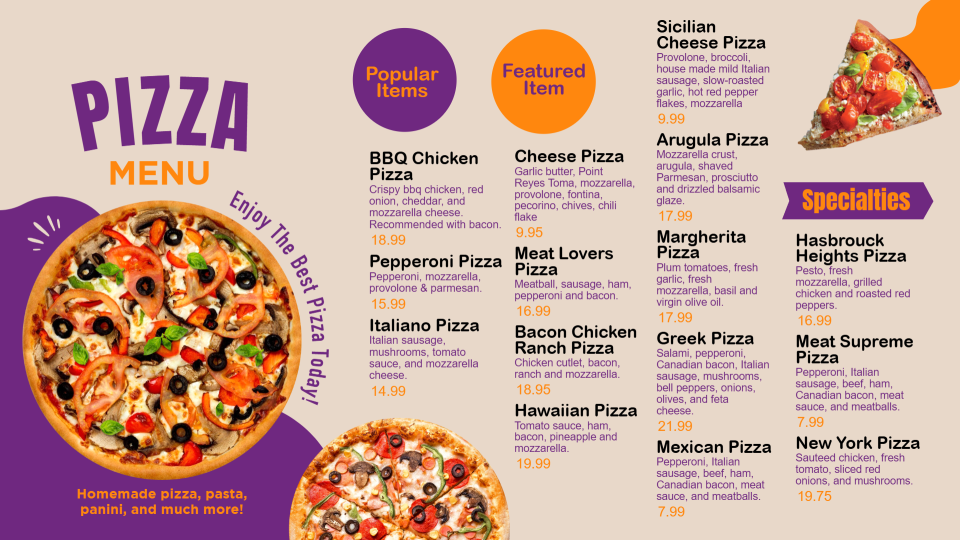 Restaurant menu for pizza Restaurant menu for pizza