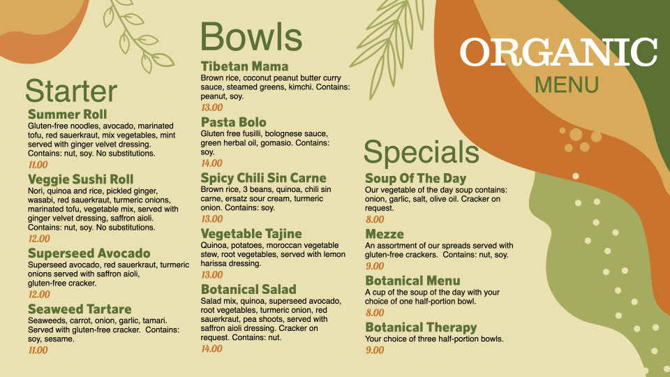 Organic POS Food Menu