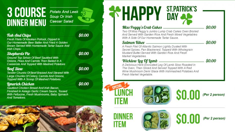 Green Saint Patrick's Day signage menu for restaurants