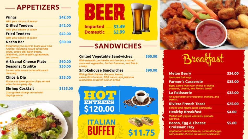 Beverage signage menu board for restaurants