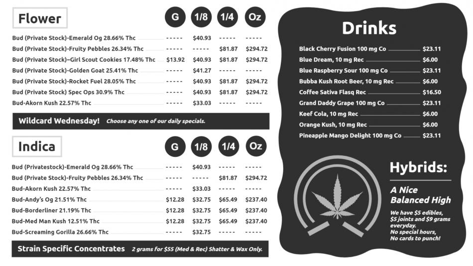 Black and white marijuana dispensary menu design