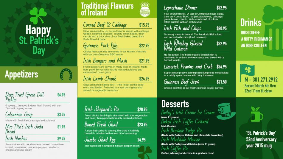 Digital menu board template for St. Patrick’s day celebration