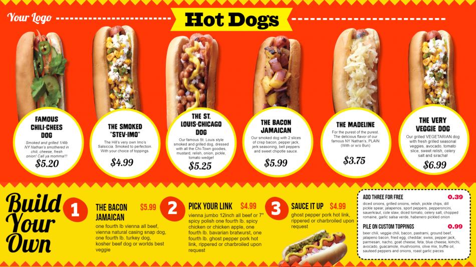 Modern and colorful hot-dog menu design idea from DSMenu