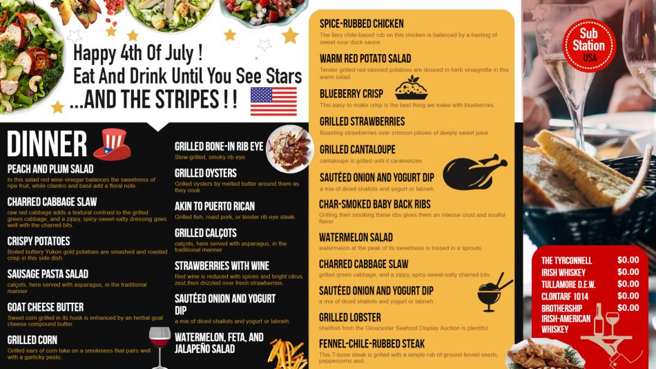 Independence Day Digital Signage Menu for restaurants and restaurant marketing