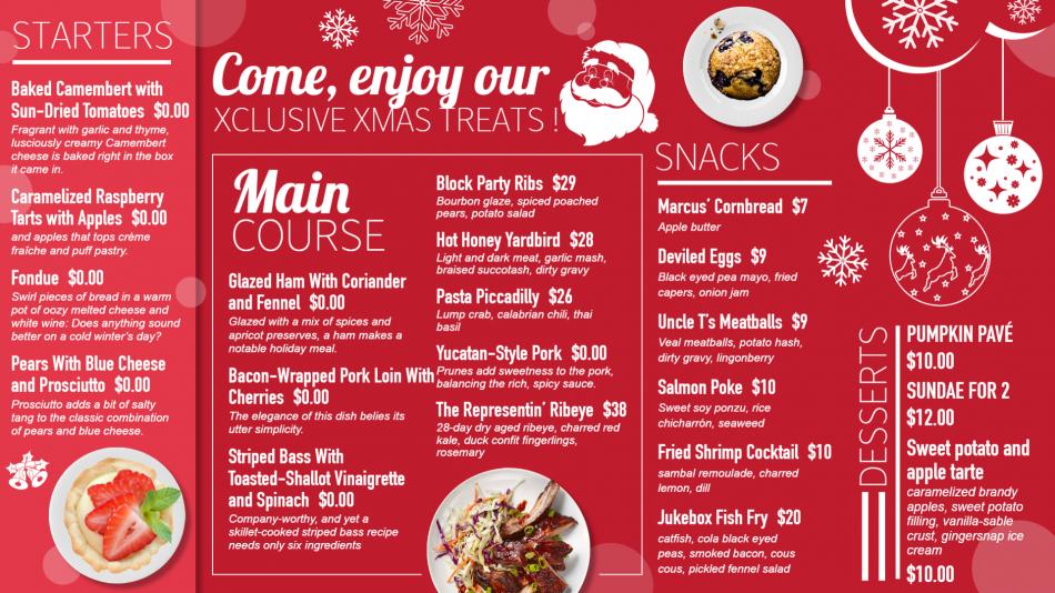 Christmas food menu for digital signage for restaurants and restaurant marketing